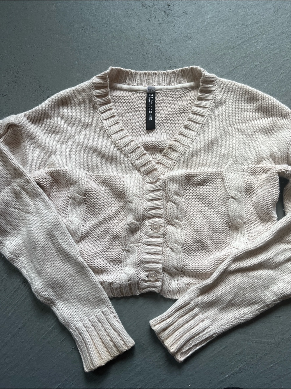 Design Lab Lord & Taylor Cream Cable-Knit V-Neck Cardigan